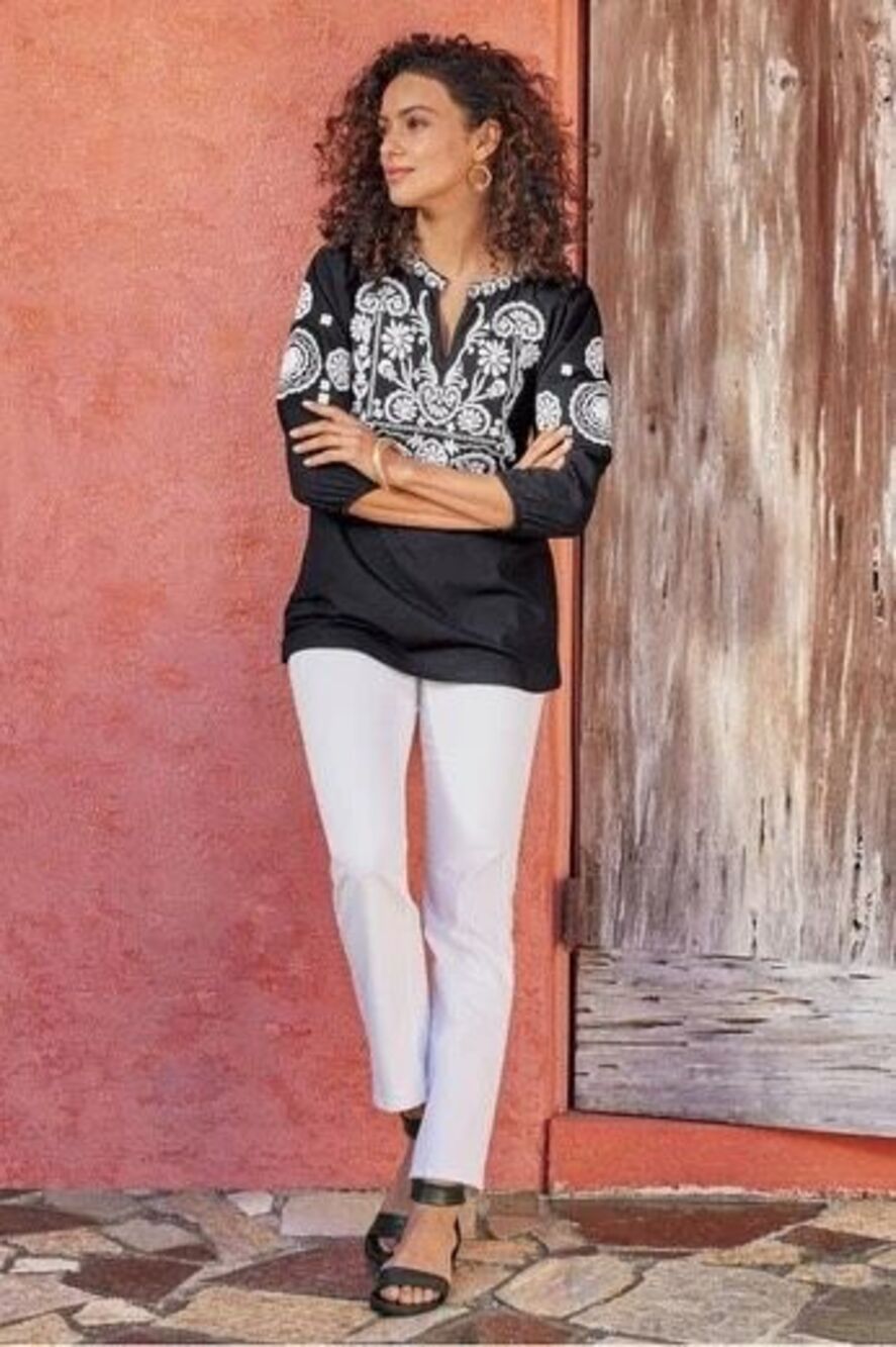 Soft Surroundings Embroidered 3/4 Sleeve Cotton Tunic Top Black White 3X NWOT